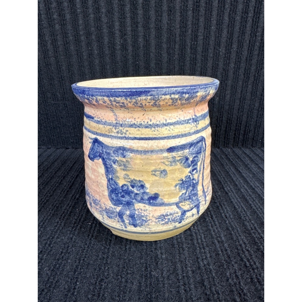 Stoneware Pottery Crock Blue Cow Farmhouse Country Cottage Core Rustic Vase